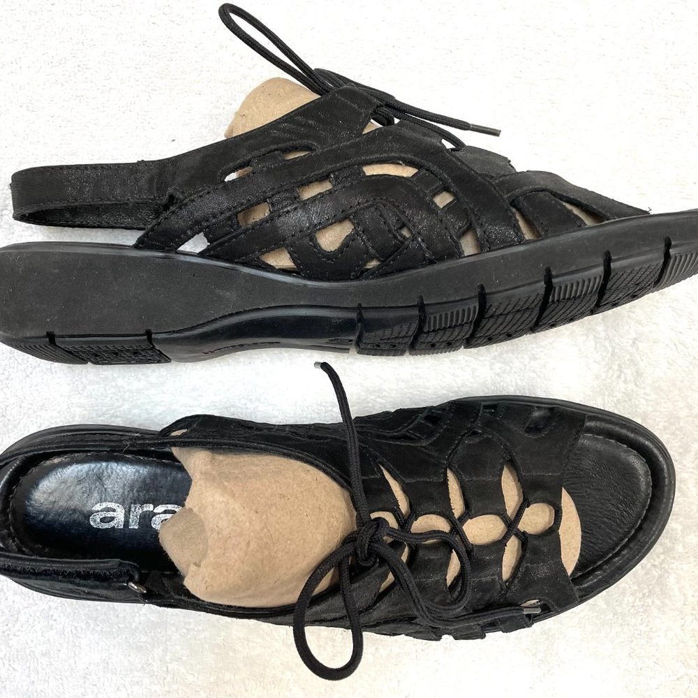 NEW Sz 9.5 ARA Black Laser Trimmed Leather Sandals